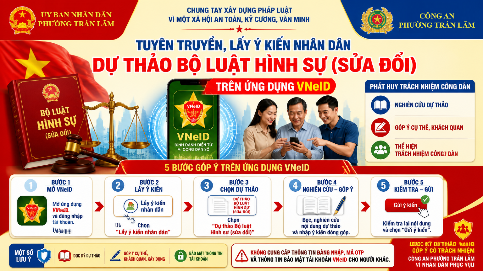Công an phường Trần tuyên truyền, lấy ý kiến Nhân dân đối với dự thảo Bộ luật Hình sự (sửa đổi) trên ứng dụng VneID